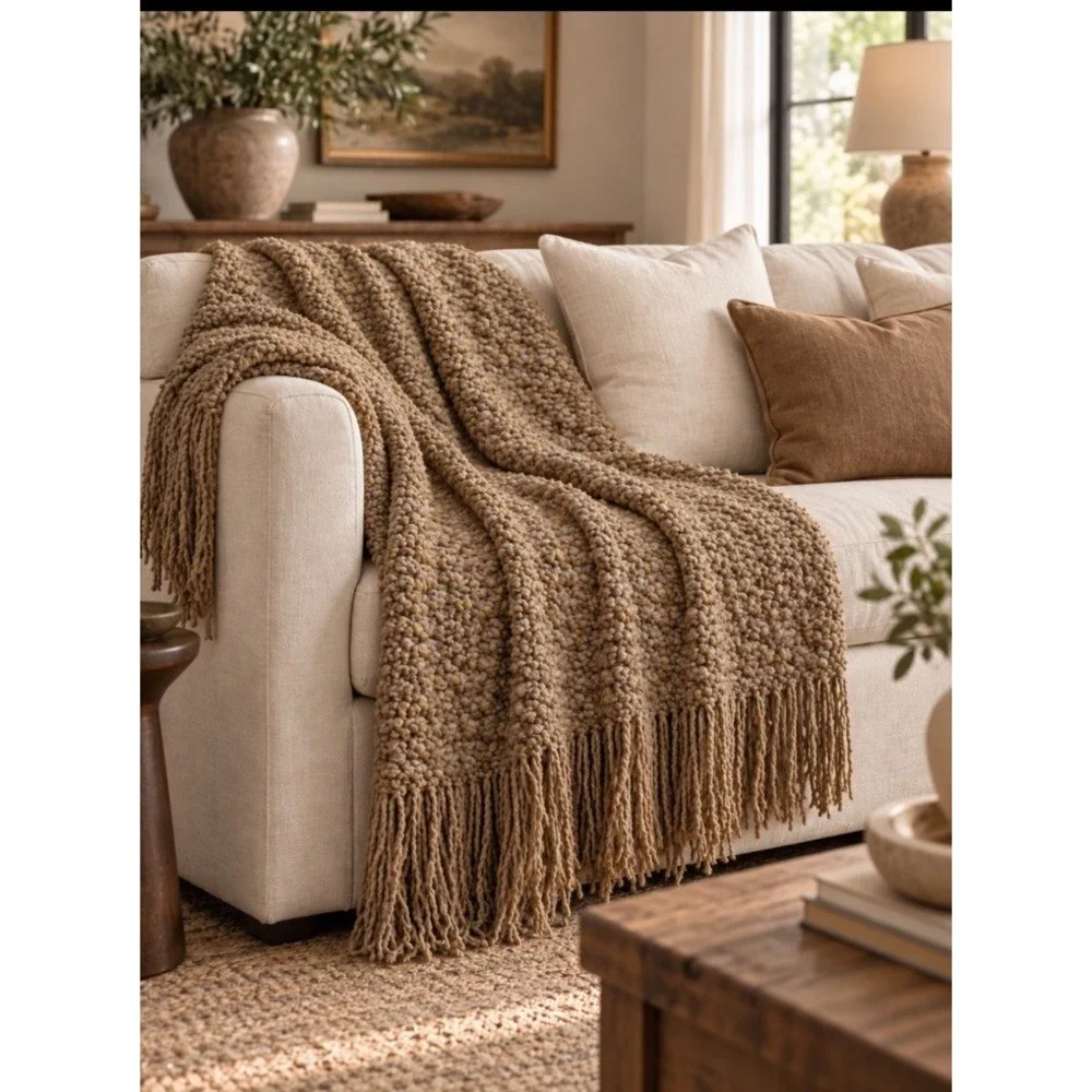 RARE Pottery Barn Blanket Throw Handknit Gold Camel Chenille Cable Fringe 58x44